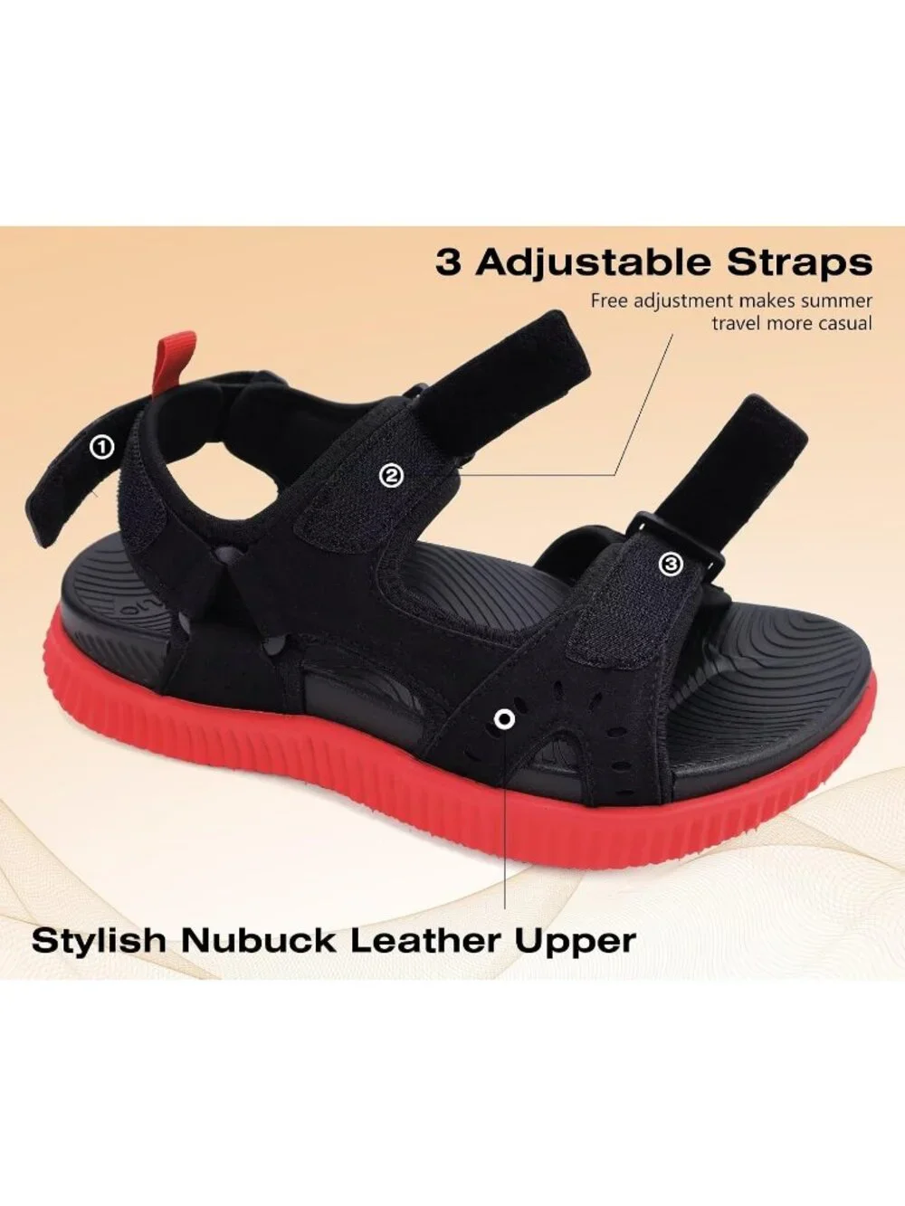 Men's Black Red Arch Support Thick Cushion Recovery Athletic Hiking Sandal Shoes